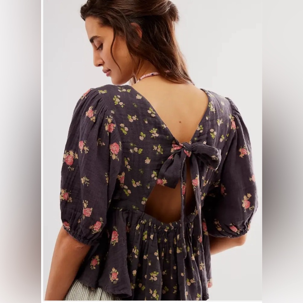 Free People Charcoal Floral Open-Back Tie Peplum Top - Picture 5 of 6